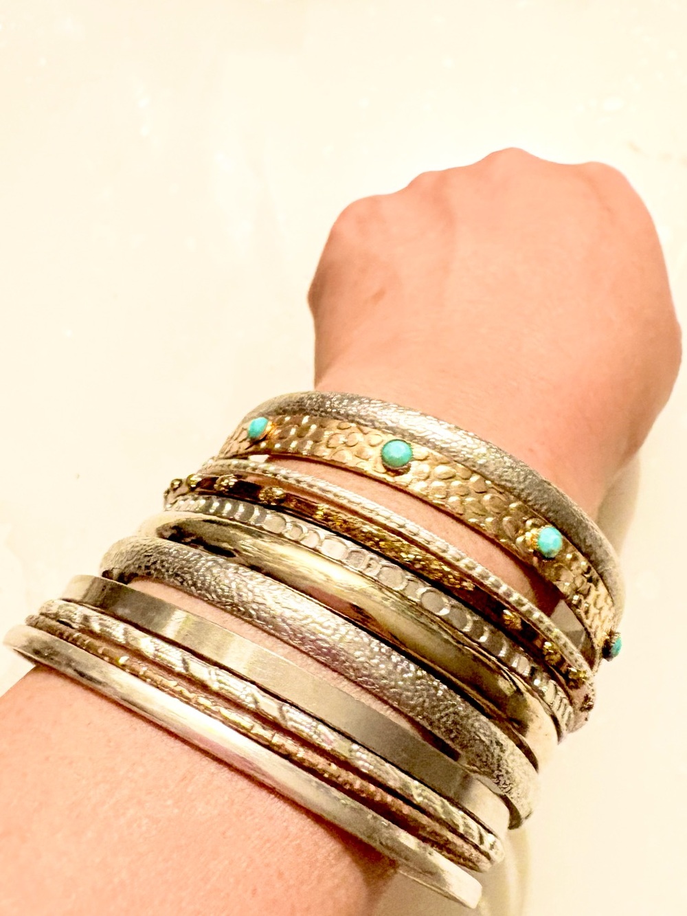 Mixed Metal Stackable Bangle Set of 11 with Turquoise Accents